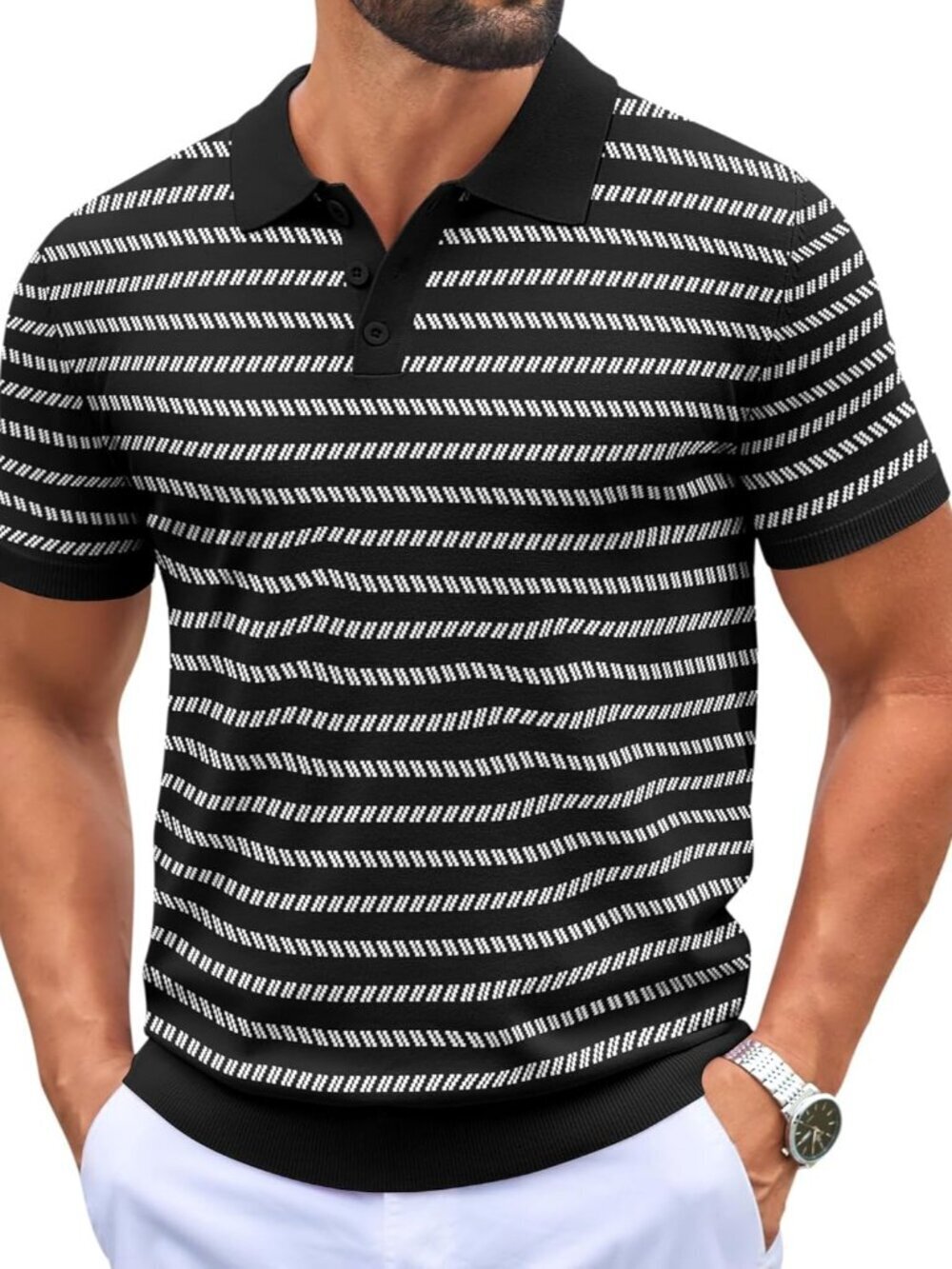 Mens F-black/White Striped  Knit Polo Shirts Casual Short Sleeve Button Down Gol